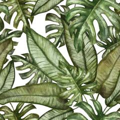 Fototapeta na wymiar Seamless tropical pattern. Exotic background with palm leaves, monstera, colocasia, banana leaves. Vintage watercolor illustration. Suitable for fabric design, wrapping paper, wallpaper