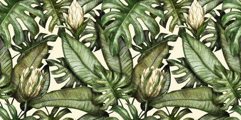 Seamless tropical pattern. Exotic background with palm leaves, monstera, colocasia, banana leaves. Vintage watercolor illustration. Suitable for fabric design, wrapping paper, wallpaper © Polina