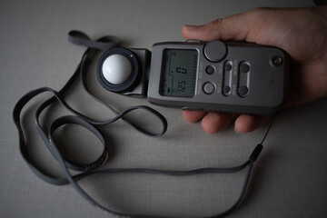 Fotômetro de mão, flashmeeter, medidor de luz.