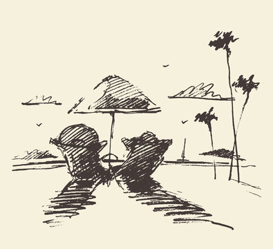 Couple tropical beach vector drawn draw sketch