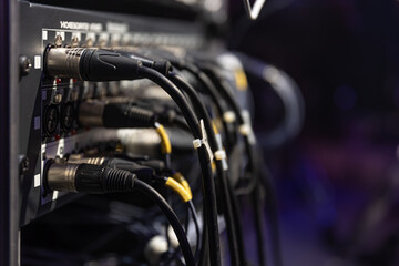 Sound connectors included in the audio mixer close up.
