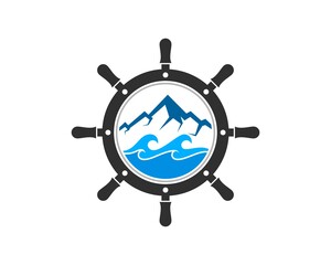 Ship steering wheel with mountain and beach wave