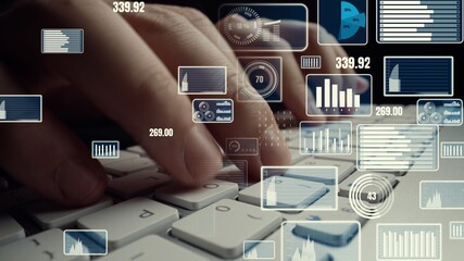 Creative visual of business big data and finance analysis on computer showing concept of statistical investment decision making methodology, fintech and financial engineering .