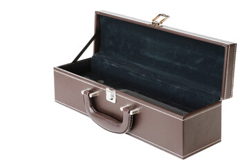 Vintage brown rectangle leather open suitcase isolated on white background