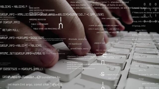 Creative visual of computer programming coding and software development shown by man working on computer keyboard with overlay of computer graphic displaying abstract program codes and computer script