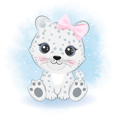 Cute snow leopard cartoon arctic animal watercolor illustration