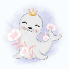Cute baby seal and flowers cartoon animal watercolor illustration