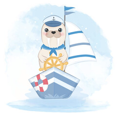 Cute walrus sailor driving boat and swim ring hand drawn watercolor illustration