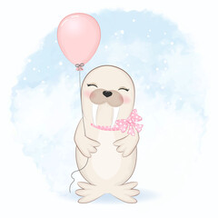 Cute seal and balloon cartoon animal watercolor illustration
