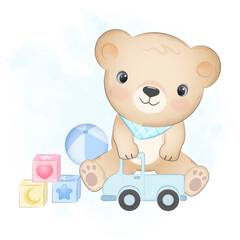 Cute little bear and baby toy hand drawn illustration