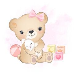 Fototapeta na wymiar Cute little bear with bunny and baby toy hand drawn illustration