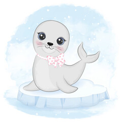 Cute baby seal on ice floe cartoon animal watercolor illustration