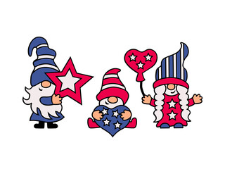 USA patriotic adorable gnomes on white background. Happy independence day. Family gnomes. Vector illustration.
