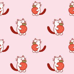 Seamless Pattern with Cartoon Cat and Strawberry Design on Pink Background