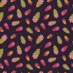 Seamless pattern with autumn oak leaves and acorns on dark background. Yellow, green, burgundy, pink colors. Repeat botanical pattern.