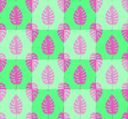 Bright geometric seamless pattern with vertical rows of staggered monstera tropical leaves with veins. Repeat symmetrical chess grid order botanical pattern. Vector illustration..
