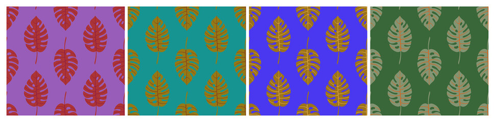 Set of bright geometric seamless patterns with vertical rows of monstera tropical leaves with veins. Repeat symmetrical botanical patterns. Vector illustration.