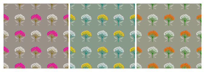 Set of geometric seamless patterns with viburnum berries and tiny leaves. Repeat symmetrical botanical patterns. Vector illustration.