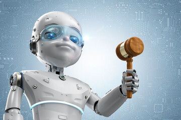 Naklejka premium robotic hand holding gavel judge