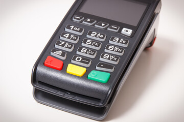 Obraz premium Payment terminal, credit card reader using for cashless paying