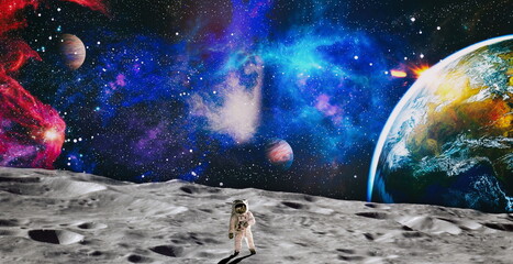 Astronaut in outer space on the orbit of the Earth. Blue planet.  Elements of this image furnished...
