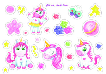 Doodle set stickers watercolor pony for wallpaper design. Love icon set. Funny cartoon character. Poster design. Sweet set.