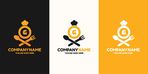 Initial letter G food Logo Design Template. Illustration vector graphic. Design concept fork,spoon and chef hat With letter symbol. Perfect for  cafe, restaurant, cooking business