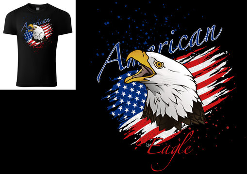 T-shirt Design with Bald Eagle and Torn American Flag - Colored  Illustration with Grunge Decoration Isolated on Black Background, Vector  vector de Stock | Adobe Stock