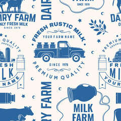 Milk farm seamless pattern or background. Vector Seamless dairy farm pattern with cow, goat, milk can silhouette. Texture for dairy and milk farm business - shop, market, packaging and menu
