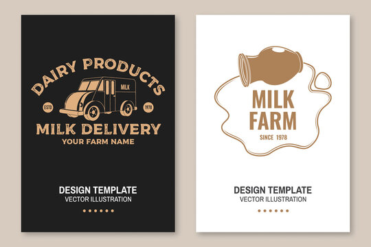 Milk delivery badge, logo. Vector. Flyer, brochure, banner, poster design with milk truck, milk can silhouette. Template for dairy and milk farm business - shop, market, packaging and menu