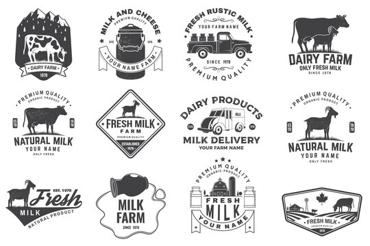 Fresh rustic milk badge, logo. Vector. Typography design with cow, milk farm, truck silhouette. Template for dairy and milk farm business - shop, market, packaging and menu