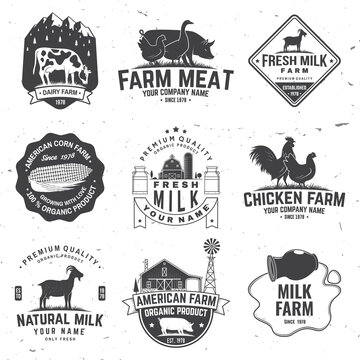American Farm Badge or Label. Vector. Vintage typography design with chicken, pig, cow and farm house silhouette. Elements on the theme of the milk, pork and chicken farm business.
