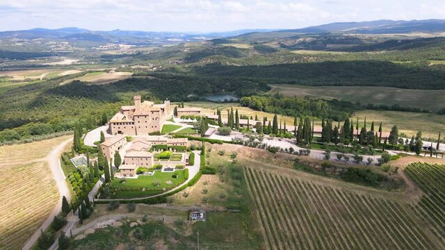 Aerial view of Banfi Castle in Tuscany, Italy