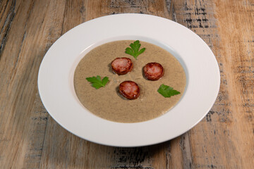 Lentil and sausage cream recipe . High quality photo