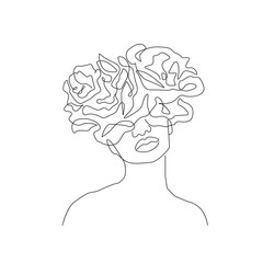 Woman Head with Flowers Line Vector Drawing. Style Template with Female Face with Flowers. Modern Minimalist Simple Linear Style. Beauty Fashion Design