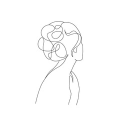 Woman Head with Hairstyle Continuous One Line Drawing. Female Art Print Line Drawing Sketch Illustration. Woman Elegant Head Modern Print. Minimalist Female Contour Art Design. Vector EPS 10.