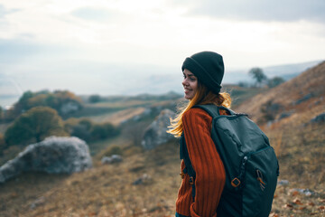 cheerful woman hiker nature freedom landscape lifestyle