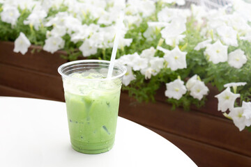 Matcha ice green tea latte in take away cup against blossom flowers.