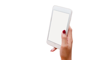 Woman hand holding white mobile phone with white screen on white background.