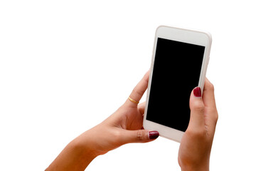 Woman two hand holding white mobile phone or smart phone with black screen on white background.