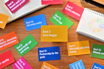 There is a card with the statement Goal 2: Zero hunger on table one of the goals of the SDGs and a symbol.