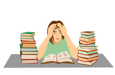 Tired student. Mental stress, education, preparation, frustration, learning concept. Tired depressed frustrated girl student has fear before exam or university tests. Stressful time in study process.