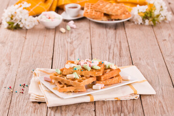 Waffles with colourful marshmallow.