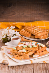 Waffles with colourful marshmallow.