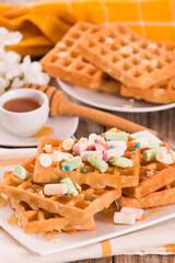 Waffles with colourful marshmallow.