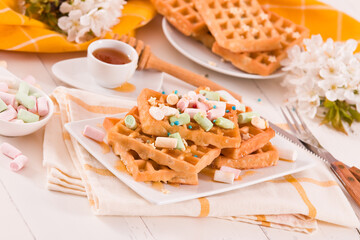 Obraz na płótnie Canvas Waffles with colourful marshmallow.