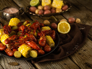 Crayfish Potatoes Corn Delicious Dish Wooden Table Rustic Crawfish Recipes Seafood