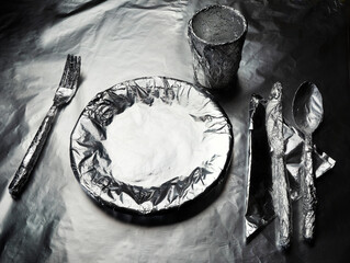 home plate, crockery and a glass-covered with aluminum foil