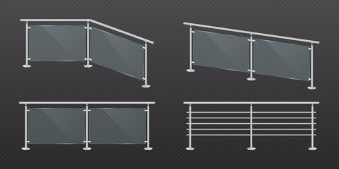 Glass fence section with steel railing. Transparent acrylic fencing handrail balustrade with metal banister. Plexiglass barrier for modern terrace, balcony or staircase. Realistic vector illustration