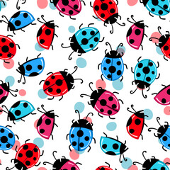 Obraz premium Fashion animal seamless pattern with colorful ladybird on white background. Cute holiday illustration with ladybags for baby. Design for invitation, poster, card, fabric, textile